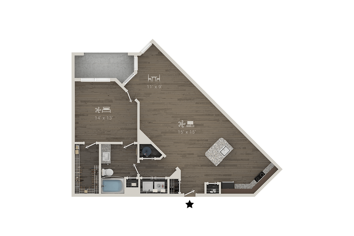 Floor plan for 1 bed, 1 bath, 997 sqft